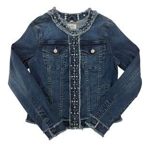 Nicole Miller Embellished Stretch Denim Jacket Fringe Trim Studded Sz S (240)